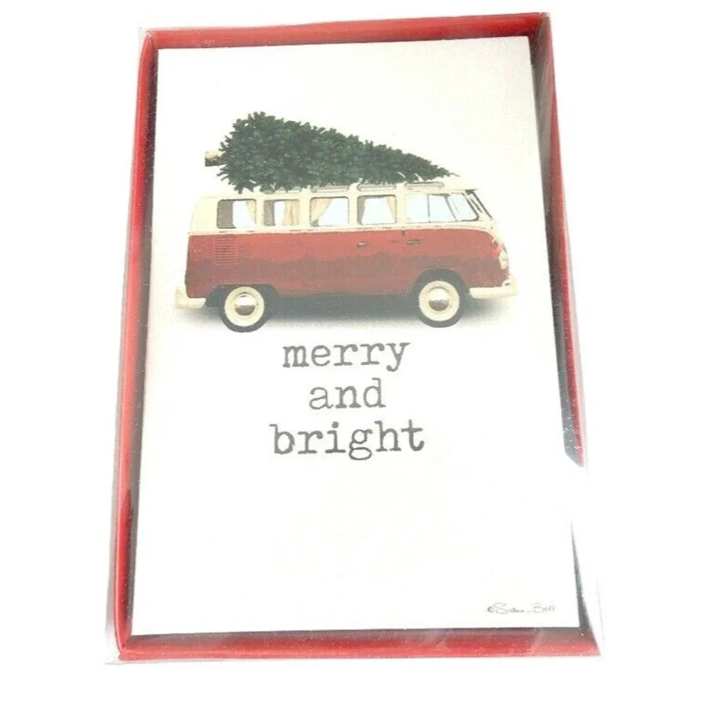 Christmas Tree Red Hippy Red Bus Van 18 Boxed Cards Envelopes 60's Merry Hippies